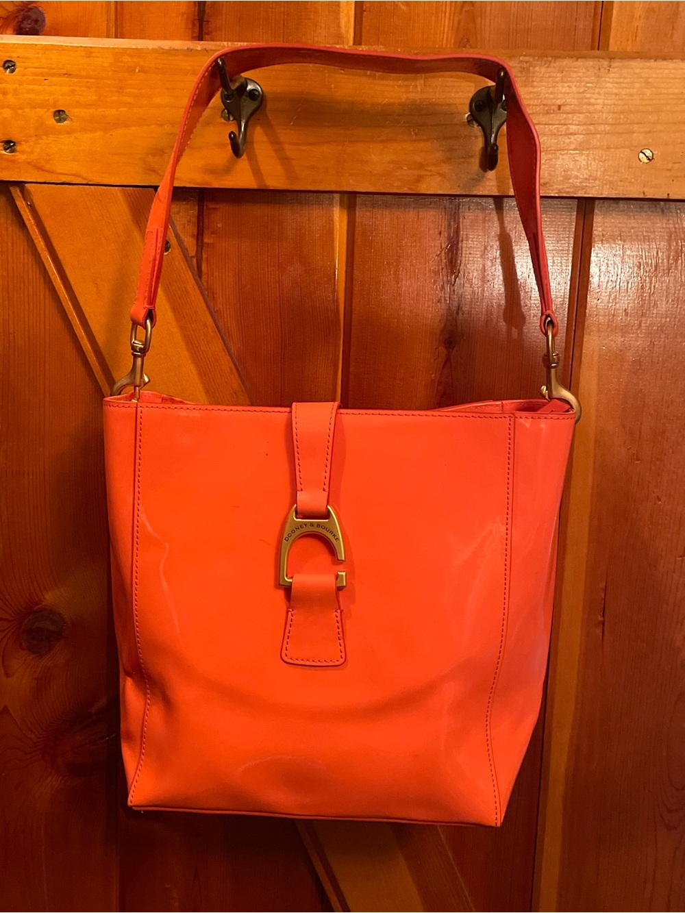 Dooney & Bourke Glossy Coral Orange Patent Leather Tote Shoulder Bag Purse